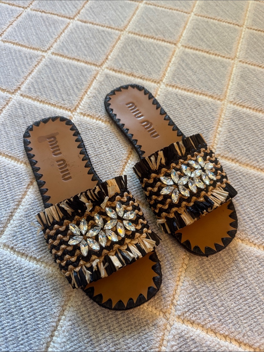 Miu Miu Black and Tan Jeweled Raffia Slide Sandals